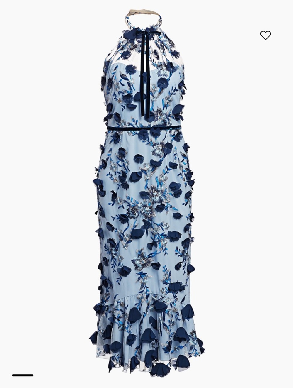 Marchesa Light Blue Floral Halter Maxi with Navy Appliqués
